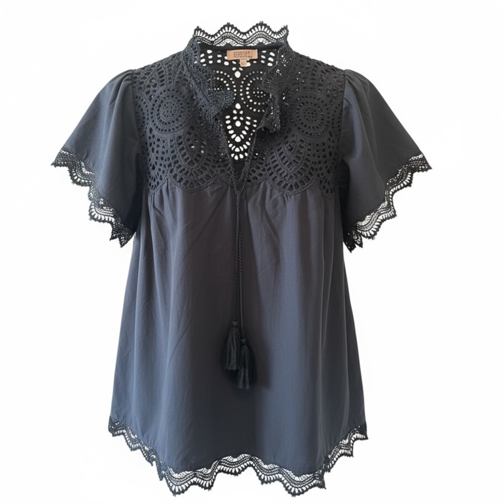 Badgley Mischka Black Crocheted Blouse